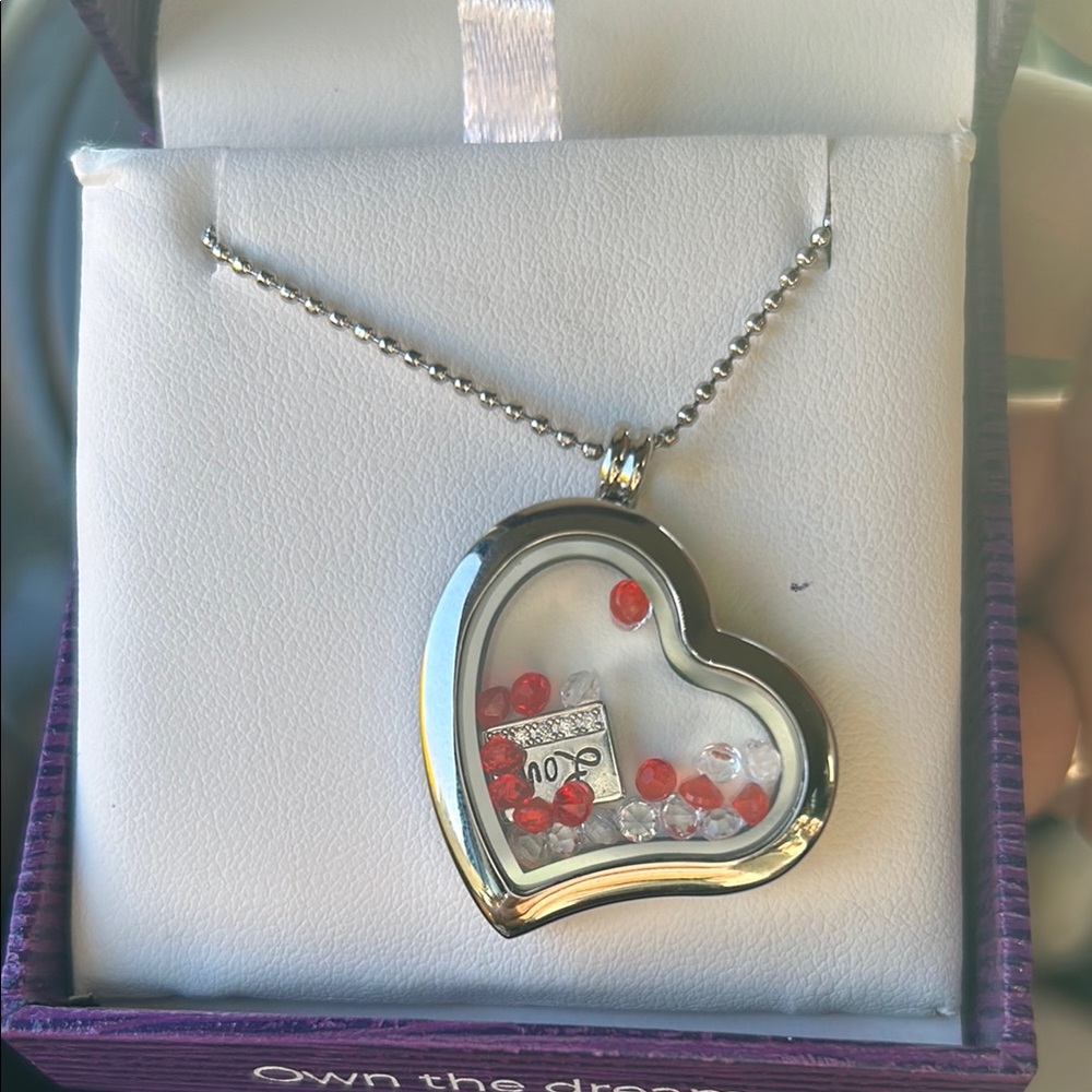 Silver Heart Locket Necklace with Red and Clear Accents